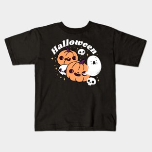 Happy cute pumpkin heads with a skull and adorable ghost friends Kids T-Shirt